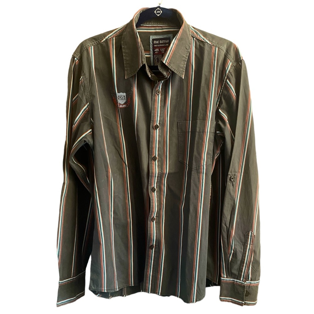 Size XXL,‎ Blue Buddha Button Down Shirt, Black with blue, red & white stripes